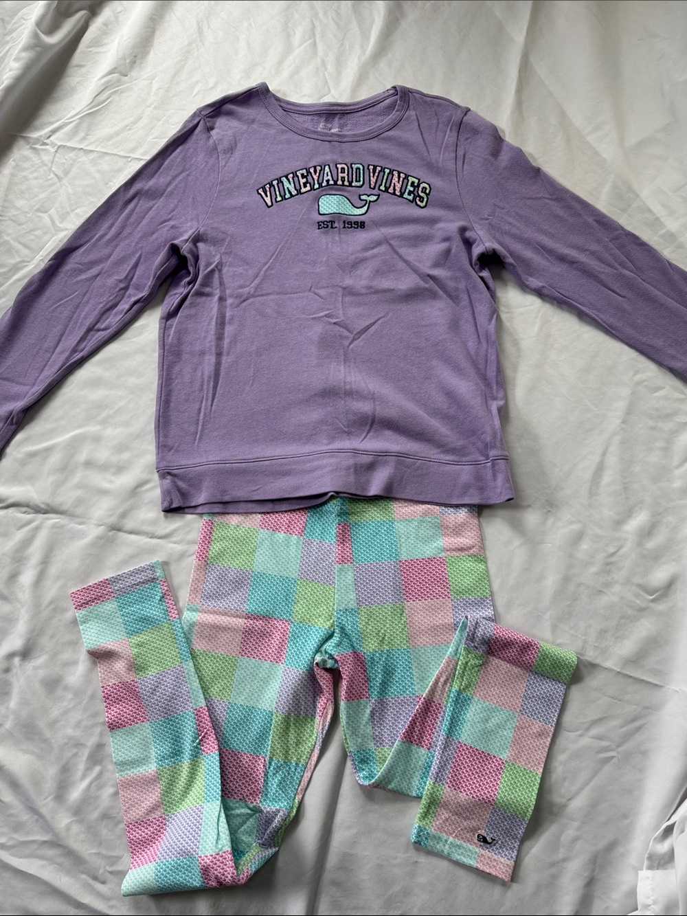 Vineyard Vines Lavender Long-Sleeve Top with Pastel Plaid Leggings